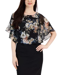 Connected Women's Round-Neck Chiffon Cape-Overlay Dress -Clothing Shop 22996108 fpx