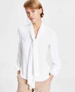 Bar III Women's Tie Neck Cinched Sleeve Blouse, Created For Macy's -Clothing Shop 23033365 fpx