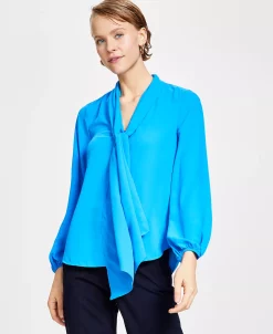Bar III Women's Tie Neck Cinched Sleeve Blouse, Created For Macy's -Clothing Shop 23033367 fpx