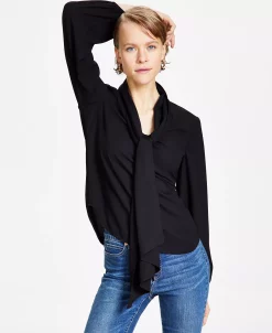 Bar III Women's Tie Neck Cinched Sleeve Blouse, Created For Macy's -Clothing Shop 23033369 fpx