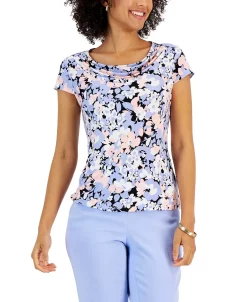 Kasper Women's Floral Cowl-Neck Short-Sleeve Top -Clothing Shop 23035441 fpx