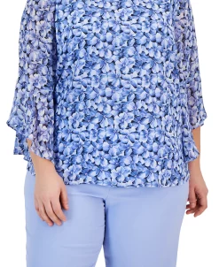 Kasper Plus Size Printed Boat-Neck Ruffled-Sleeve Top -Clothing Shop 23046033 fpx