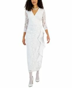 Kasper Women's Lace Ruched Cascading Ruffle Maxi Dress