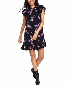 CeCe Floral-Print Ruffled Shift Dress
