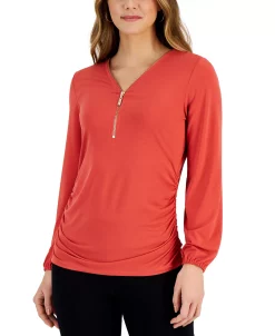 JM Collection Women's Zip-Front Ruched Top, Created For Macy's -Clothing Shop 23252690 fpx