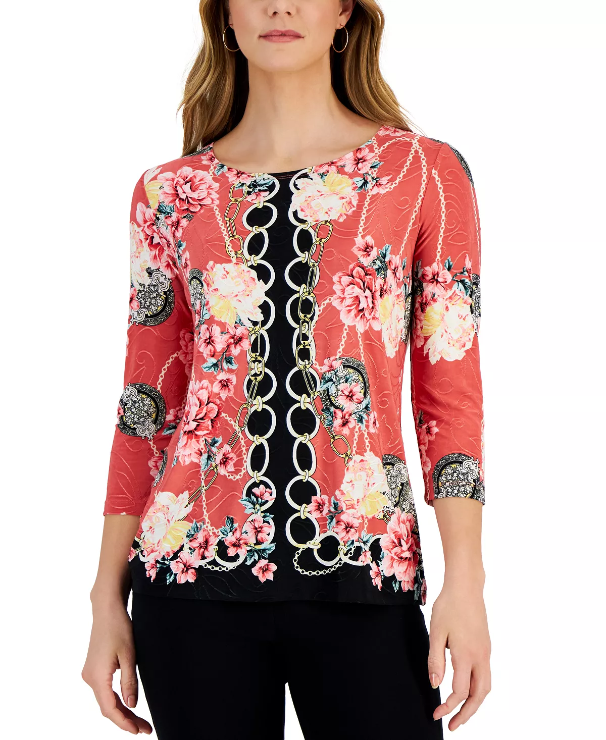 JM Collection Women's Chain Story 3/4-Sleeve Top, Created For Macy's 3 JM Collection Women's Chain Story 3/4-Sleeve Top, Created For Macy's