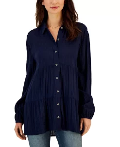 Style & Co Women's Textured-Stripe Tiered Button Shirt, Created For Macy's -Clothing Shop 23314056 fpx