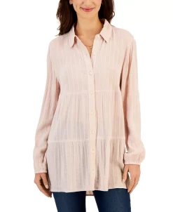 Style & Co Women's Textured-Stripe Tiered Button Shirt, Created For Macy's -Clothing Shop 23314057 fpx