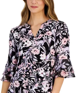 Kasper Women's Floral-Print V-Neck Tiered-Sleeve Top -Clothing Shop 23314736 fpx