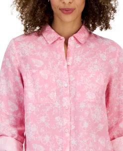 Charter Club Women's Linen Floral Tab-Sleeve Shirt, Created For Macy's 8 Charter Club Women's Linen Floral Tab-Sleeve Shirt, Created For Macy's -Clothing Shop 23379543 fpx