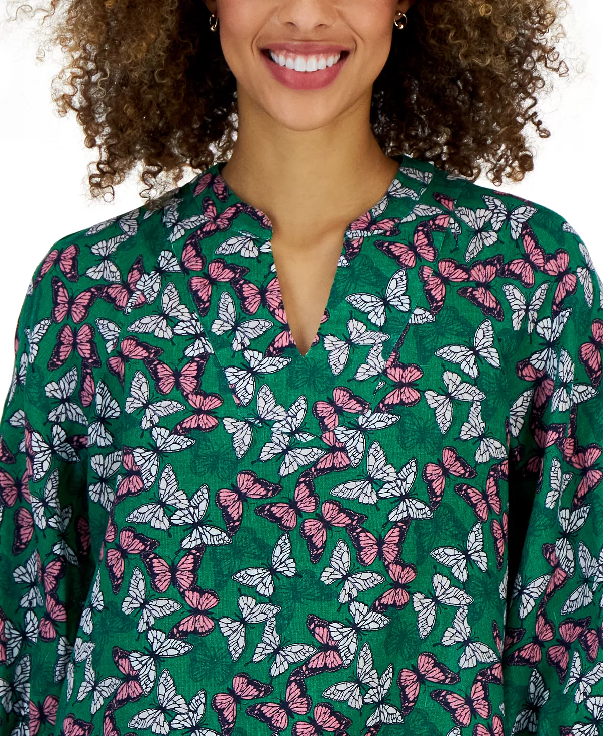 Charter Club Women's Linen Printed Split-Neck Top, Created For Macy's 5 Charter Club Women's Linen Printed Split-Neck Top, Created For Macy's - Image 3
