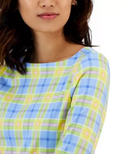 Charter Club Women's Plaid Boat-Neck 3/4-Sleeve Top, Created For Macy's -Clothing Shop 23432021 fpx