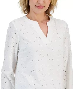 Kasper Eyelet Knit Split-Neck Long-Sleeved Blouse -Clothing Shop 23443278 fpx