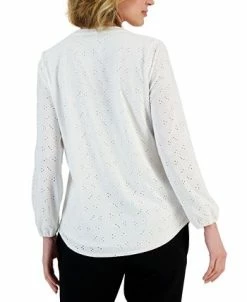 Kasper Eyelet Knit Split-Neck Long-Sleeved Blouse -Clothing Shop 23443279 fpx
