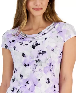 Kasper Women's Floral-Print Cap-Sleeve Cowlneck Top, Created For Macy's -Clothing Shop 23491072 fpx