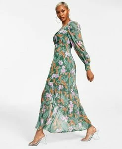 Bar III Women's Printed Long-Sleeve Slit-Hem Maxi Dress, Created For Macy's -Clothing Shop 23503653 fpx
