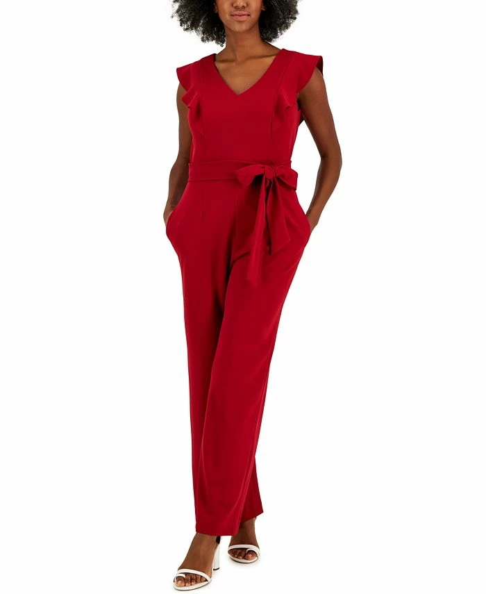 Kasper Scuba Crepe V-Neck Flutter-Sleeve Belted Jumpsuit 3 Kasper Scuba Crepe V-Neck Flutter-Sleeve Belted Jumpsuit