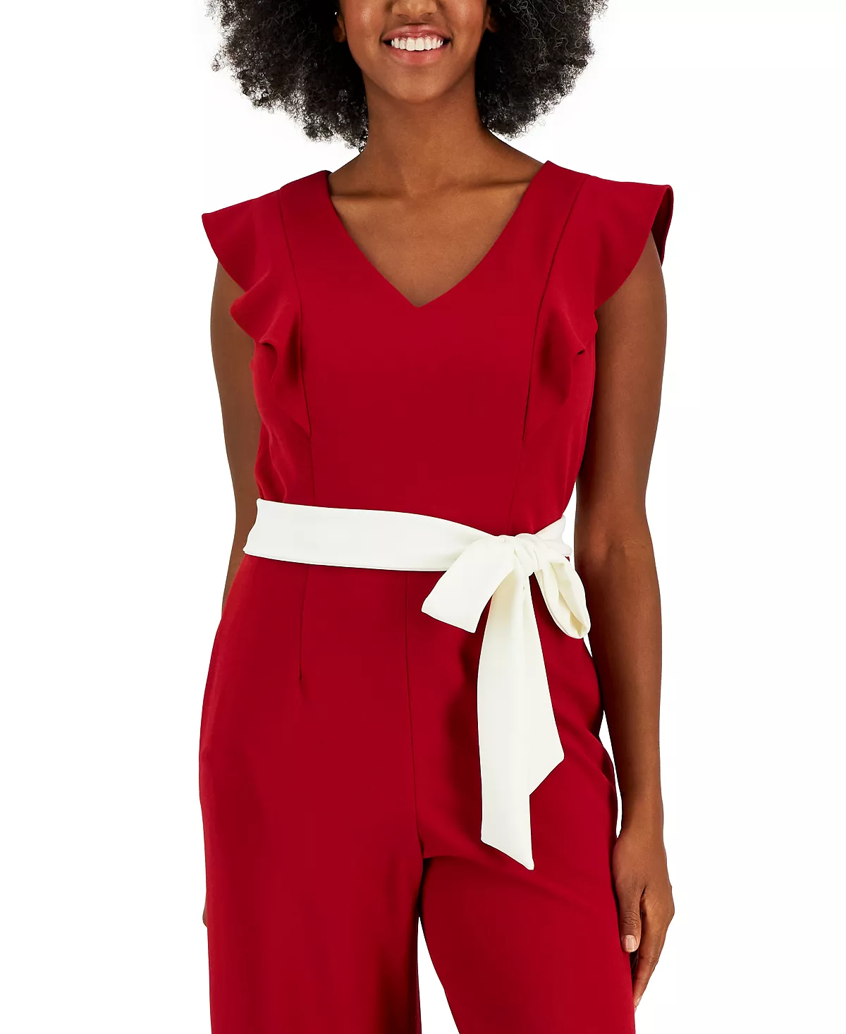 Kasper Scuba Crepe V-Neck Flutter-Sleeve Belted Jumpsuit 6 Kasper Scuba Crepe V-Neck Flutter-Sleeve Belted Jumpsuit - Image 4