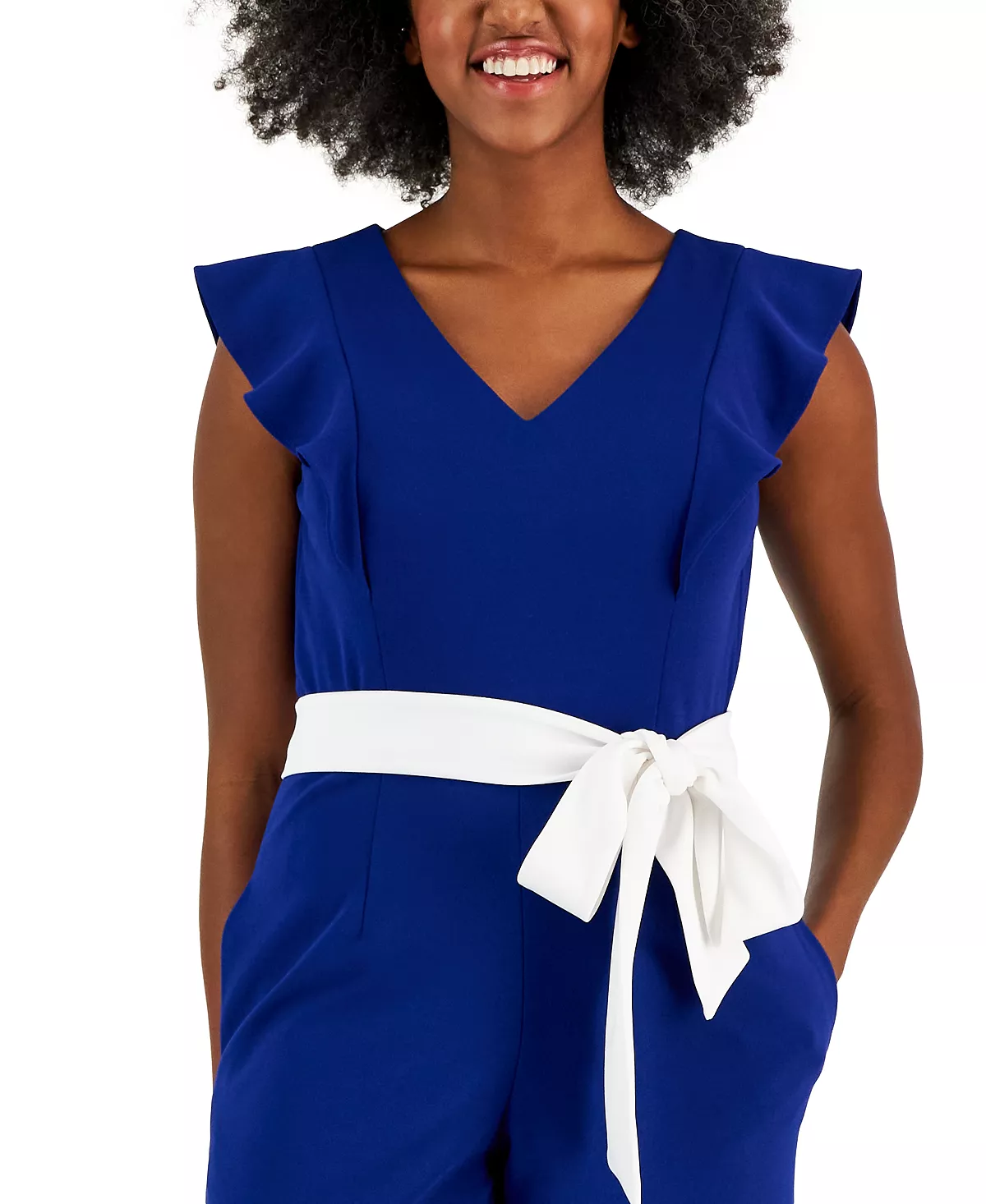 Kasper Scuba Crepe V-Neck Flutter-Sleeve Belted Jumpsuit 8 Kasper Scuba Crepe V-Neck Flutter-Sleeve Belted Jumpsuit - Image 6