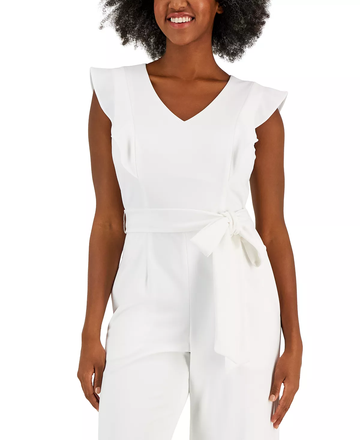 Kasper Scuba Crepe V-Neck Flutter-Sleeve Belted Jumpsuit 7 Kasper Scuba Crepe V-Neck Flutter-Sleeve Belted Jumpsuit - Image 5