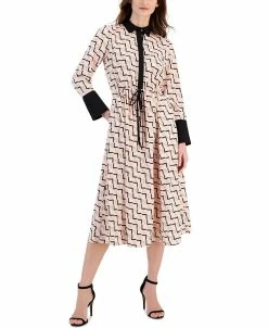 Anne Klein Women's Printed Drawstring Long-Sleeve Dress, Created For Macy's