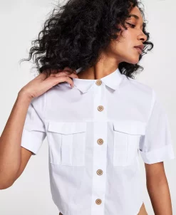 Bar III Women's Cropped Cuffed-Sleeve Pocket Shirt, Created For Macy's -Clothing Shop 23622260 fpx