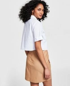 Bar III Women's Cropped Cuffed-Sleeve Pocket Shirt, Created For Macy's -Clothing Shop 23622261 fpx