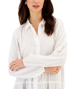Style & Co Women's Textured-Stripe Tiered Button Shirt, Created For Macy's -Clothing Shop 23656380 fpx