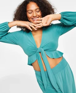 Bar III Women's Tie-Front Ruffle Crop Top, Created For Macy's 8 Bar III Women's Tie-Front Ruffle Crop Top, Created For Macy's -Clothing Shop 23672622 fpx