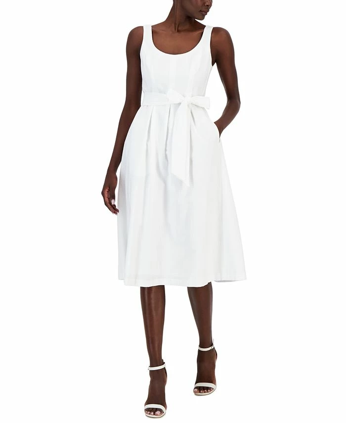 Anne Klein Women's Belted Seersucker Sleeveless Midi Dress 3 Anne Klein Women's Belted Seersucker Sleeveless Midi Dress