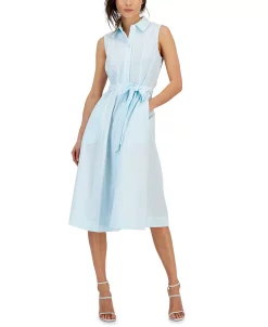 Anne Klein Women's Sleeveless Seersucker Belted Shirt Dress -Clothing Shop 23719919 fpx
