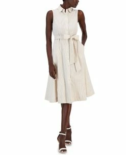 Anne Klein Women's Sleeveless Seersucker Belted Shirt Dress
