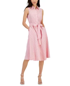 Anne Klein Women's Sleeveless Seersucker Belted Shirt Dress -Clothing Shop 23719923 fpx