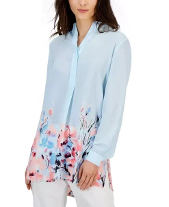 Anne Klein Women's Floral-Print Long-Sleeve Popover Blouse -Clothing Shop 23719953 fpx