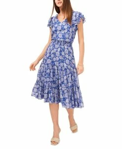 Vince Camuto Women's V-Neck Smock Waist Batik Dress