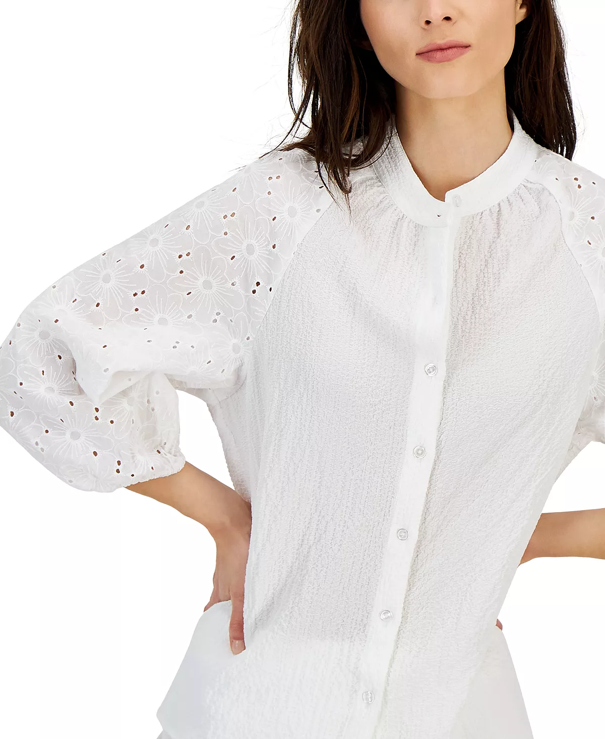 Anne Klein Women's Puff-Sleeve Eyelet-Detail Blouse 5 Anne Klein Women's Puff-Sleeve Eyelet-Detail Blouse - Image 3