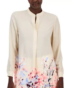Anne Klein Women's Floral-Print Long-Sleeve Popover Blouse -Clothing Shop 23777208 fpx