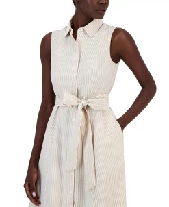Anne Klein Women's Sleeveless Seersucker Belted Shirt Dress -Clothing Shop 23777259 fpx