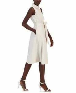 Anne Klein Women's Sleeveless Seersucker Belted Shirt Dress -Clothing Shop 23777261 fpx