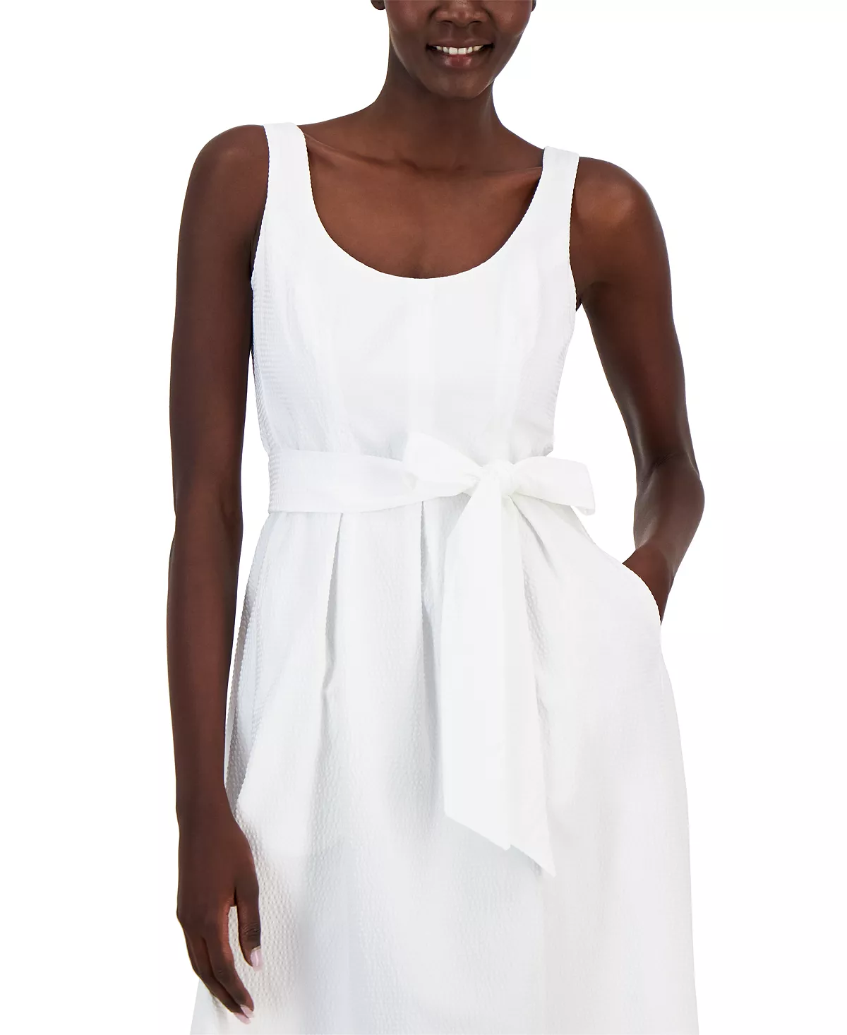 Anne Klein Women's Belted Seersucker Sleeveless Midi Dress 6 Anne Klein Women's Belted Seersucker Sleeveless Midi Dress - Image 4